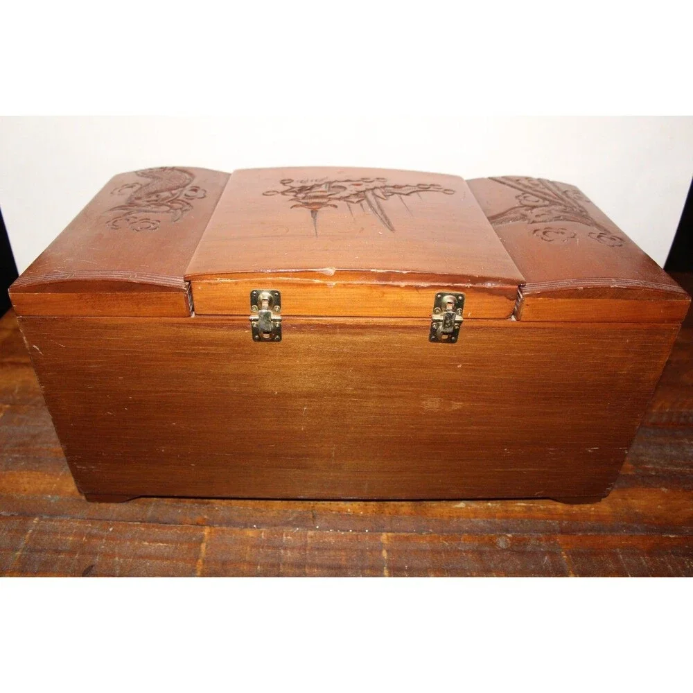 Vintage Asian Wood Carved Large Jewelry Box Dragon Red Velvet Lining SEE NOTE